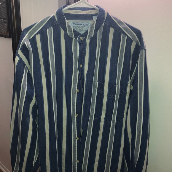 Vintage button up stripe shirt collarless - Picture 1 of 5